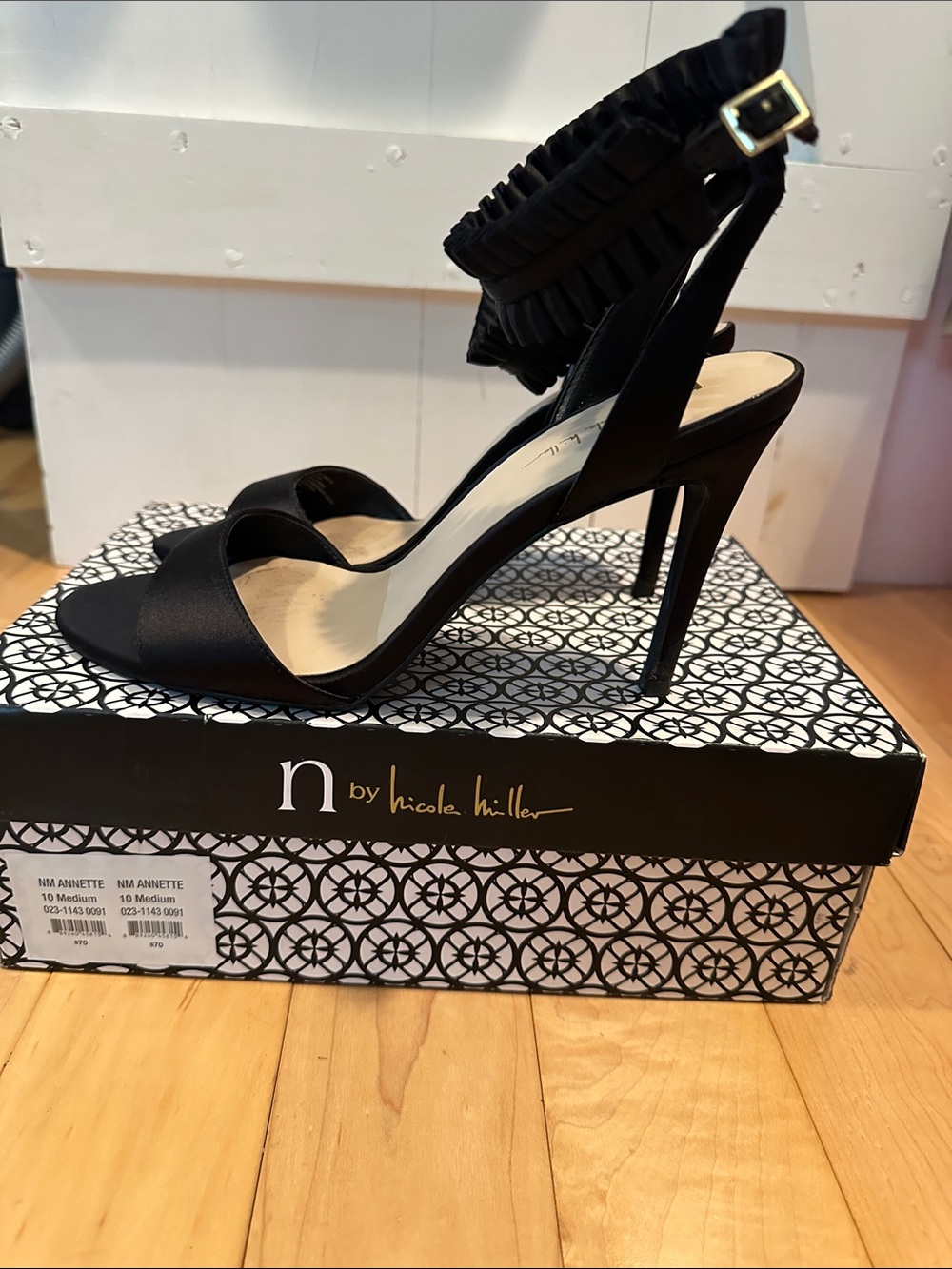 Nicole Miller Black Ruffle Ankle-Strap Stilettos